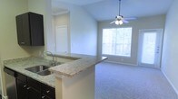 This single-story space showcases an open-concept layout that seamlessly connects the kitchen and living area. The kitchen features granite countertops with subtle speckled detailing, dark cabinetry, and a peninsula with an undermount sink — a practical and stylish element that defines the boundary between the two spaces. The peninsula also provides additional seating or workspace potential.

The living area is finished with plush wall-to-wall carpeting that adds warmth underfoot. Vaulted ceilings enhance the sense of openness and volume, giving the space an airy, expansive feel. A ceiling fan with integrated lighting is centrally mounted, offering both airflow and ambient illumination.

Natural light enters through a large window fitted with horizontal blinds, which frames a view of mature trees outside — adding a touch of greenery and a connection to the outdoors. The neutral wall tones throughout complement the overall palette, creating a clean and versatile backdrop. A door visible in the background suggests additional rooms or storage beyond this main living area. Overall, the space presents a functional and well-designed environment with comfortable, modern finishes.