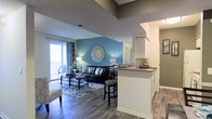 This single-story space showcases an open-concept layout that integrates the kitchen and living area into one cohesive, functional environment. The kitchen features a peninsula with a raised breakfast bar, offering seating and serving as a natural divider between the cooking and living zones. White cabinetry and dark countertops provide a clean, contrasting aesthetic, while the design allows for easy interaction across both spaces.

The living area is anchored by a bold blue accent wall, which serves as a striking focal point against the more neutral taupe and gray tones found throughout the rest of the space. Hardwood-style flooring runs seamlessly across both areas, contributing to a unified, contemporary feel. Crown molding and a tray ceiling detail add architectural interest overhead, while a textured ceiling finish adds subtle depth.

Natural light flows generously into the living area through a large sliding glass door, which opens to an outdoor patio, offering views of lush greenery beyond. Decorative curtains frame the door, softening the transition between interior and exterior. Overall, the space presents a comfortable, well-appointed environment with a balanced mix of style and practicality.