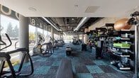 Located at 18401 Nordhoff St in the Northridge neighborhood of Los Angeles, this single-floor fitness center offers a spacious, well-equipped workout environment with a contemporary industrial aesthetic. The facility features exposed ductwork and piping along the ceilings, teal and charcoal patterned carpet tiles throughout, and floor-to-ceiling windows along the perimeter that flood the space with natural light and provide open views of the surrounding streetscape.

The cardio zone is lined with a wide selection of treadmills, ellipticals, stair climbers, and stationary bikes — all arranged to take advantage of the expansive window views. A dedicated strength training area houses multiple racks of dumbbells, weight benches, and Hoist cable machines, providing a comprehensive free weights section. Additional functional training equipment, including medicine balls, kettlebells, and plyo boxes, is neatly organized on wall-mounted shelving units.

A lounge area with seating and a bold, geometric multicolor mural adds a vibrant focal point to one section of the facility, while wall-mounted TVs are distributed throughout. Branded signage and a colorful, energetic design language give the space a distinct, motivating atmosphere well-suited for an active fitness community.