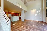 Located at 123 Sue Bird Ct in Seattle, WA, this thoughtfully designed two-story residence offers 1 bedroom, 2 bathrooms, a den, and generous living space spread across two floors. The main level immediately impresses with soaring double-height ceilings and a dramatic wall of floor-to-ceiling windows that flood the open living area with natural light and frame lush, tree-lined outdoor views. Rich hardwood flooring flows throughout, complementing the bright, airy ambiance. The open-concept kitchen and dining area is a standout, featuring warm-toned wood cabinetry, stainless steel appliances including a gas range and French door refrigerator, a glass tile backsplash, white quartz countertops, and a central island with bar seating — ideal for both cooking and entertaining. Track lighting throughout adds a modern, polished touch. The upper level houses the spacious primary bedroom, which benefits from natural light and neutral finishes, alongside a carpeted hallway and multiple closets offering abundant storage. The primary bathroom is well-appointed with a dual-sink vanity, large-format tile flooring, a soaking tub, and a separate glass-enclosed shower. A second bathroom features floor-to-ceiling tile surround and a deep soaking tub. Two staircases and additional hallways ensure smooth flow between levels, completing this well-appointed Seattle home.