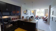 This single-floor space showcases a thoughtfully designed open-concept layout that connects the kitchen and living area in a cohesive, functional flow. The kitchen is outfitted with dark espresso-toned cabinetry featuring sleek chrome hardware, complemented by granite countertops that extend across a central island with an undermount sink. The island serves as both a prep area and a natural divider between the kitchen and the adjoining living space. Pendant lighting in warm amber tones hangs above the island, adding both task lighting and a decorative accent. A dishwasher is integrated beneath the counter, and additional counter space along the perimeter provides ample room for kitchen activities. Dark lower cabinetry is paired with upper cabinets of matching finish, creating a consistent, modern aesthetic. A decorative open shelf unit adds a personalized touch to the shared wall between the two spaces. The living area benefits from generous natural light streaming through large windows that frame outdoor greenery, enhancing the sense of openness. A ceiling fan is positioned overhead in the living zone, contributing to comfort and airflow throughout the space.