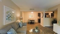 This single-floor residence showcases an open-concept layout that seamlessly connects the living, dining, and kitchen areas, creating a spacious and functional flow throughout the home. The living area is anchored by a comfortable sectional sofa accented with decorative pillows, complemented by a glass-top coffee table that adds a contemporary touch. Warm-toned walls and hardwood-style flooring run throughout, lending a cohesive and inviting ambiance to the entire space.

The dining area sits adjacent to the living room, furnished with a wooden dining table and upholstered chairs, ideal for everyday meals or casual entertaining. Framed artwork adorns the walls, adding visual interest and a personalized feel. A large decorative wall clock serves as a distinctive design element near the kitchen transition.

The kitchen is visible from the main living area and features dark cabinetry, black appliances, and what appears to be a built-in microwave and range, offering a practical and stylish cooking space. Recessed overhead vents and flush-mount ceiling lighting provide consistent illumination. The overall ambiance is warm, comfortable, and well-organized, making this an approachable and livable single-floor home.