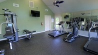 This single-story fitness room offers a well-equipped workout space designed for convenience and functionality. The room features vaulted ceilings that lend a sense of openness, complemented by sage green walls that create a clean, energizing atmosphere. Durable rubber flooring covers the entire space, providing a practical surface suited for exercise equipment and floor-based workouts.

The room is furnished with a treadmill, a stair-stepping machine, and a weight bench, along with a multi-use strength training station positioned along one wall. A large floor-to-ceiling mirror spans one side of the room, visually expanding the space and allowing users to monitor their form during exercise. A wall-mounted flat-screen television is installed at viewing height, ideal for entertainment during workouts.

Ventilation is provided by a ceiling fan overhead, and the room also features HVAC vents for climate control. A door with a glass panel allows natural light to enter and provides a view of surrounding greenery outdoors. A fire extinguisher is mounted near the entrance, reflecting attention to safety. The overall layout is efficient and purpose-driven.
