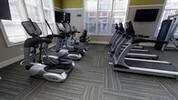 This fitness center offers a clean, purpose-built environment designed to support a comprehensive cardio workout routine. The space is outfitted with a lineup of True and Cybex branded cardio machines, including ellipticals and treadmills, arranged in organized rows to maximize the available floor area. Durable, patterned carpet tiles cover the floor throughout, providing both comfort underfoot and a polished aesthetic. Large windows fitted with adjustable blinds line the walls, allowing ample natural light to fill the room while offering views of the surrounding exterior. Wall-mounted flat-screen televisions are positioned at multiple angles, ensuring visibility from any machine and enhancing the workout experience. The walls feature a neutral two-tone color scheme with a warm green upper section and crisp white trim, giving the space a fresh and welcoming feel. The room's layout is thoughtfully organized, with sufficient spacing between machines to allow ease of movement and a comfortable workout environment. Overall, this fitness center presents a well-maintained, functional space equipped to meet the cardio fitness needs of its users.