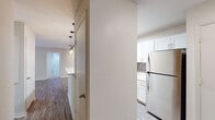 This single-floor residence offers a practical and well-appointed layout with a clean, neutral aesthetic throughout. The kitchen is a standout feature, equipped with stainless steel appliances including a refrigerator, range, and microwave, complemented by white shaker-style cabinetry, a tile backsplash, and light wood-look flooring that extends into the adjacent living areas. Track lighting and a skylight contribute to a bright, functional atmosphere in the kitchen and open living space.

The living area is generously proportioned, finished with durable wood-look flooring and a ceiling fan with light fixture. A glass-paneled door allows natural light to filter in while providing outdoor access. The bedrooms feature plush carpet flooring, ceiling fans, and windows with blinds that offer views of surrounding greenery. One bedroom includes a spacious walk-in closet outfitted with wire shelving and hanging rods on multiple walls, providing ample storage.

The bathroom is finished with wood-look flooring, a white tiled tub-shower combination, and chrome grab bars for added accessibility and safety. Overall, the space presents a comfortable, move-in ready environment with practical finishes and thoughtful details throughout.