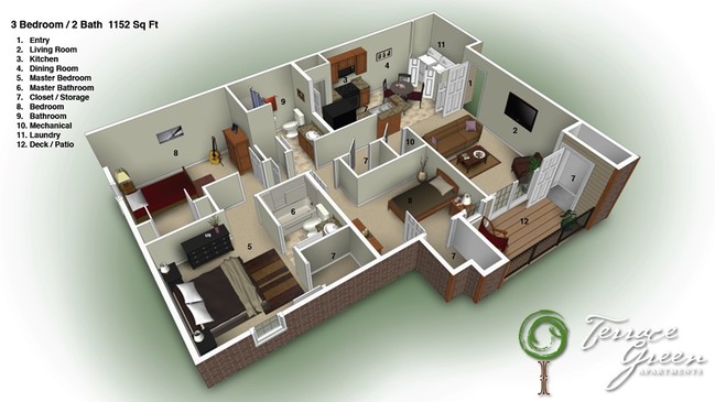 Plano de planta 3D - Terrace Green Apartments