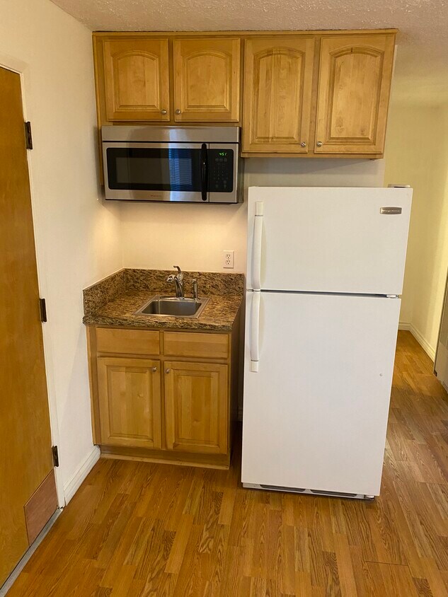 Kitchenette with sink, microwave, and full refrigerator/freezer - 1517 W Balboa Blvd