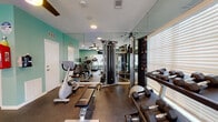 Located in Palm Harbor, Florida, this fitness center offers a comprehensive workout environment designed to support a wide range of exercise routines. The single-floor space is finished with durable rubber flooring throughout, providing a safe and functional surface suited for both cardio and strength training activities.

The room is painted in a distinctive teal/aqua hue that lends a fresh, energetic atmosphere to the space. Recessed lighting and ceiling fans are distributed across the ceiling, ensuring consistent illumination and comfortable airflow during workouts. Floor-to-ceiling mirrors line multiple walls, visually expanding the space and allowing users to monitor their form.

Natural light filters in through several windows fitted with white blinds, adding brightness to the interior. The cardio section is well-stocked with multiple treadmills and elliptical machines, each equipped with individual monitors, as well as stationary bikes. Wall-mounted televisions provide additional entertainment options during cardio sessions.

The strength training area features a multi-station cable machine, a dedicated free weight rack with a graduated dumbbell selection, a flat weight bench, and a stability ball. French doors with glass panels connect distinct zones within the fitness center, enhancing the open flow of the space while maintaining a polished, organized appearance.