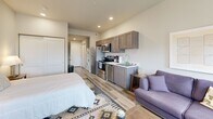 Located at 508 West 6th Avenue in Spokane, Washington, this studio apartment offers a thoughtfully designed open-concept layout that maximizes every square foot. Light-toned luxury vinyl plank flooring flows throughout the entire unit, lending a clean, modern aesthetic that ties the living spaces together seamlessly.

The main living area combines the sleeping, living, and kitchen zones into one cohesive space. The kitchen is outfitted with stainless steel appliances — including a refrigerator, electric range, microwave, and dishwasher — complemented by taupe shaker-style cabinetry and a white countertop with an undermount sink. A stacked washer and dryer unit is conveniently tucked alongside the kitchen, providing in-unit laundry. A sliding double-door closet offers dedicated storage near the sleeping area.

Multiple windows along one wall allow natural light to fill the bedroom space, offering views of the surrounding Spokane cityscape. Recessed lighting throughout adds additional brightness to the neutral, warm-toned interior.

The bathroom features wood-look flooring, a single-sink vanity with dark cabinetry, and a tub/shower combination accented with classic white subway tile, delivering a clean and functional design. This well-appointed studio is ideal for those seeking efficient, modern urban living in Spokane.