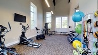 This fitness center offers a bright and open workout environment designed to accommodate a variety of exercise routines. The space is distinguished by its soaring ceilings, which create an airy, expansive atmosphere that enhances the overall workout experience. Large, multi-pane windows along the walls and a set of glass-paneled double doors at the far end flood the room with abundant natural light, providing views of the surrounding greenery and contributing to an inviting ambiance.

The facility is outfitted with a well-rounded selection of equipment. Cardio options include an elliptical trainer and a stationary cycle, both positioned to take advantage of the natural light. A multi-function cable and weight machine anchors the strength training area, complemented by a dedicated dumbbell rack stocked with a range of free weights. Exercise and stability balls in multiple sizes are neatly organized in a corner rack, supporting flexibility and functional fitness training.

The flooring consists of durable, textured carpet tiles suited for a fitness environment, and a wall-mounted flat-screen television provides entertainment during workouts. Overhead linear lighting ensures the space remains well-lit at all times.