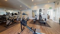This fitness facility is thoughtfully designed to accommodate a wide range of workout styles within a single-level layout. The space features wood-look plank flooring throughout, recessed lighting, and neutral-toned walls that contribute to a clean, energizing atmosphere. Large sliding glass doors and windows along one side of the main area allow abundant natural light to fill the room while offering views of the surrounding exterior, creating an open and inviting environment.

The cardio section is well-stocked, housing treadmills, an elliptical, and a Concept2 rowing machine positioned on protective rubber matting. A dedicated strength training area includes a multi-function cable machine, a rack of dumbbells, and a weight bench, with a large wall mirror that visually expands the space. A spin bike and wall-mounted flat-screen television occupy a more intimate alcove, offering a focused cycling area.

The functional training zone features a ball rack holding multiple stability balls in varying sizes, resistance bands, and additional accessories for dynamic workouts. Interior glazed doors lead to adjacent rooms, suggesting additional support spaces. Overall, the facility delivers a comprehensive and organized fitness environment suitable for diverse training needs.