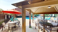 Located at 1521 E Franklin St in Chapel Hill, North Carolina, this outdoor amenity area centers around a generously sized swimming pool with a classic freeform shape and vivid blue water. The pool deck is finished in smooth concrete and lined with teal loungers, providing ample space for sunbathing and relaxation. A covered gazebo with a hipped roof sits at one end of the deck, offering a shaded retreat on warm days. Throughout the area, red market umbrellas shelter outdoor dining tables and chairs, adding a pop of color against the neutral hardscape. The pool area is fully enclosed by a black iron fence, ensuring both security and an unobstructed view of the mature tree canopy that frames the space on multiple sides. The surrounding brick buildings — multi-story and traditionally styled — frame the courtyard setting and provide a sense of enclosure and community. Potted plants and manicured shrubs add greenery at ground level, softening the transition between the built environment and the natural wooded backdrop. The space benefits from abundant natural light and open sky, creating a bright, inviting atmosphere well-suited for outdoor recreation and leisure throughout the warmer months.