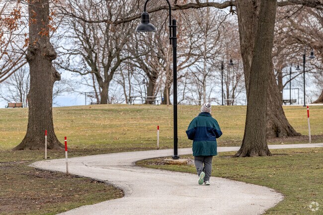 Lakewood Park has winding paved trails and panoramic views of Lake Erie and downtown Cleveland.