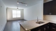 This single-floor space showcases a thoughtfully designed open-concept layout that seamlessly connects the kitchen and living area. The kitchen is outfitted with granite countertops featuring warm neutral tones, a stainless steel undermount sink with a modern arc-neck faucet, and dark cabinetry that adds contrast to the light-colored surfaces. A built-in appliance is integrated beneath the counter, contributing to a streamlined aesthetic.

The kitchen flows directly into the living area, which features dark hardwood-style flooring that grounds the space with a rich, cohesive tone. Crisp white walls provide a clean, neutral backdrop throughout. Overhead, a track lighting system with adjustable fixtures ensures flexible illumination, while a pendant light anchors the living area, adding a subtle decorative touch.

A large window with horizontal blinds allows natural light to fill the living space, brightening the interior and creating an open, airy ambiance. The overall design balances modern finishes with functional elements, resulting in a well-appointed, contemporary space suited for comfortable everyday living.
