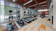 Located at 4800 Auburn Ave in Bethesda, Maryland, this contemporary fitness center is thoughtfully designed to support a full range of workout activities across a single, well-organized floor. The space makes a strong visual impression with its bold orange and cream color palette, carried through the patterned carpet tiles, accent walls, and ceiling details that give the facility a cohesive, energetic identity.

The cardio zone features a row of treadmills and elliptical machines, each equipped with individual screens for entertainment. Large floor-to-ceiling windows along one wall flood this area with natural light and provide views of the surrounding greenery, creating an inviting atmosphere for exercise. Recessed linear lighting in the suspended ceiling enhances visibility throughout.

A dedicated strength training area includes a variety of cable and resistance machines, free weight benches, and dumbbell racks, complemented by large wall-mounted mirrors that visually expand the space and assist with form. Flat-screen televisions are mounted within deep orange wall niches, keeping users entertained during workouts.

The entry corridor features pendant lighting and framed artwork, lending a polished, upscale feel to the transition into the facility. Storage for accessories such as stability balls is neatly integrated along the walls. Overall, the fitness center balances functionality with modern design, offering a well-equipped and visually engaging environment for exercise.