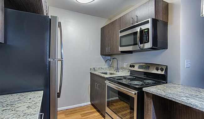 Renovated kitchens are available in select homes, featuring granite countertops and stainless steel appliances - Chestnut Hall Apartments