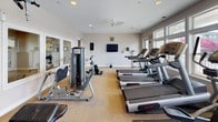 This fitness center is a comprehensively outfitted single-level exercise facility designed to support a full range of workout routines. The space is generously proportioned, offering ample room to accommodate multiple users across various exercise zones without feeling crowded.

The cardio section is prominently featured along one side of the room, lined with a row of treadmills, elliptical trainers, and stationary bikes from recognized equipment brands such as Life Fitness and Lamar. Alongside the cardio machines, a dedicated strength-training area houses a selection of cable and resistance machines, as well as free weight stations, providing options for a complete full-body workout.

Large windows along the perimeter walls invite abundant natural light throughout the space, creating an open and energizing atmosphere. Ceiling fans are installed overhead to aid air circulation, complementing the recessed lighting above. A wall-mounted flat-screen television is positioned for visibility from multiple workout stations, adding an entertainment element to training sessions.

Full-length mirrors are strategically placed to visually expand the room and allow users to monitor their form. The flooring consists of durable, cushioned carpeting suited for a fitness environment. The overall ambiance is clean, bright, and functional.