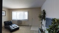 This single-floor residential space offers a functional and straightforward layout with a focus on simplicity and comfort. The living area is the centerpiece of the space, featuring wall-to-wall carpeting that adds warmth underfoot and a neutral color palette throughout, lending the room a clean and understated aesthetic. A large window dressed with vertical blinds allows ample natural light to filter into the room, creating a bright and open atmosphere. Beneath the window, a wall-mounted air conditioning unit ensures year-round climate comfort. A baseboard heating system runs along the lower wall, providing an additional source of warmth. The entry door opens directly into the living area, making for a seamless and accessible transition into the home. A decorative indoor tree adds a touch of greenery and visual interest to the corner of the room, softening the otherwise minimal décor. The smooth, light-toned walls and ceilings contribute to a sense of openness, while the overall layout reflects a practical design suited for single-floor living. The space is well-suited for those seeking a clean, low-maintenance environment with essential amenities in place.