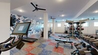 This fitness center offers a comprehensive and thoughtfully designed workout environment spread across a single open floor. The space is defined by its eye-catching geometric, map-inspired accent wall rendered in a palette of blues, grays, and earth tones, giving the room a modern and energetic aesthetic. Complementing this is a colorful patchwork carpet in red, blue, and gray, adding visual dynamism underfoot.

The cardio zone is well-appointed with treadmills, elliptical trainers, a rowing machine, and stationary spin bikes, several of which are equipped with personal monitors for interactive workouts. A wall-mounted flat-screen TV provides additional entertainment options. Strength training is equally prioritized, with a multi-station cable machine, adjustable weight benches, a full rack of kettlebells and medicine balls, resistance bands, and a functional training rig offering diverse exercise possibilities. A dedicated dumbbell rack rounds out the free weights section.

Large floor-to-ceiling mirrors line one wall, enhancing the sense of openness and allowing users to monitor their form. Natural light filters in through a series of small windows, while recessed ceiling lighting and multiple ceiling fans ensure the space remains bright, comfortable, and well-ventilated throughout any workout. Structural columns are integrated seamlessly into the layout without impeding the flow of the space.
