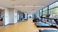 Located at 4610 City Ave in Philadelphia, PA, this well-appointed fitness center offers a comprehensive workout environment across a single, open floor. The space is designed with a clean, modern aesthetic, featuring light hardwood-style flooring, white walls accented with cool blue tones, and a linear ceiling with recessed and strip lighting that ensures bright, even illumination throughout.

Floor-to-ceiling windows line one side of the facility, flooding the interior with natural light and providing open views of the surrounding greenery and streetscape — creating an energizing atmosphere for exercise. The main workout area houses a full row of cardio equipment, including treadmills, ellipticals, and stationary bikes, all positioned to take advantage of the expansive window views.

The strength training section features a multi-station cable machine and additional resistance equipment, while a dedicated free weights area offers a comprehensive dumbbell rack and an adjustable bench. Exercise balls and resistance accessories are neatly organized nearby. Toward the rear of the facility, a more open stretch of flooring — accented by a vibrant decorative wall panel — provides space for stretching, yoga, or functional training. A water cooler and wall-mounted AC unit further enhance user comfort. The overall layout is efficient, organized, and well-suited for a wide range of fitness activities.