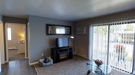 This single-floor space offers a comfortable and functional layout designed for everyday living. The living area is carpeted and anchored by a sleek black media console housing an electric fireplace insert, providing both entertainment and warmth. Above the console, a wide rectangular mirror with a black frame adds depth and visual interest to the cool grey-painted wall. A floor lamp nearby provides additional ambient lighting to the space. A wall-mounted air conditioning unit ensures year-round climate comfort. Natural light flows generously into the room through a sliding glass door fitted with vertical blinds, offering a view of the surrounding greenery outdoors. The transition between the carpeted living space and what appears to be a hard-surface entry or adjacent area creates a natural division within the floor plan. The overall ambiance is casual and inviting, with a neutral color palette of greys and tans that lends itself to easy personalization. The space strikes a balance between practicality and comfort, making it well-suited for relaxed day-to-day living.