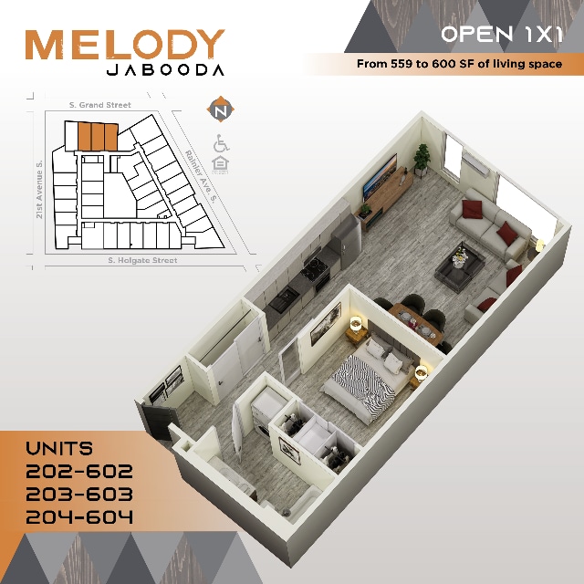 Open 1-Bed A squared 202-602 203-603 204-604 - Melody Jabooda Apartments
