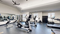 This fitness center offers a spacious, single-floor layout designed to accommodate a comprehensive range of workout activities. The room features vaulted ceilings that lend an open, airy feel to the space, complemented by sleek linear LED lighting and ceiling fans that ensure comfortable air circulation during workouts. Large windows along the walls invite abundant natural light while providing views to the outdoors.

The facility is outfitted with a full suite of Life Fitness branded equipment, including multiple elliptical trainers, stationary bikes, treadmills, and rowing machines arranged across a durable, speckled rubber floor that provides both safety and resilience. A multi-station cable and strength machine, identified as a Cybex unit, anchors one section of the room, while adjustable benches offer options for free weight training. A dedicated rack of dumbbells and a wall-mounted medicine ball and stability ball storage system support functional and accessory training needs.

Full-length mirrors line portions of the walls, visually expanding the space and allowing users to monitor their form. A wall-mounted flat-screen television adds an entertainment element for cardio sessions. The clean, neutral color palette of white walls and grey flooring creates a modern, professional atmosphere conducive to focused training.