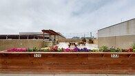 This rooftop-level space combines functional open-air parking with a thoughtfully designed outdoor patio area, offering an appealing urban retreat above the city. The parking area is clearly marked with yellow-painted stalls and provides open views of the surrounding downtown skyline, including notable historic and modern buildings that frame the horizon. Adjacent to the parking, the patio area is a standout feature, anchored by a warm wood pergola and strung with overhead bistro lights that span the space to create an inviting atmosphere. Raised wooden planter beds, including one prominently numbered 532, are filled with vibrant seasonal flowers and greenery, adding color and life to the rooftop setting. Picnic-style seating is arranged across the stone-tiled patio surface, making the area well-suited for outdoor gatherings. A stone-accented outdoor kitchen or grill station is tucked beneath the pergola, further enhancing the entertaining potential of the space. Additional cedar planter boxes throughout contribute to the garden-like character of the patio. The combination of open sky, city views, lush plantings, and comfortable amenities makes this rooftop an exceptionally functional and visually engaging urban outdoor space.