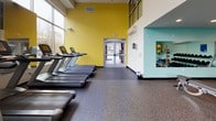 This modern fitness center is designed to support a full range of workout activities within a bright, open layout. The space is defined by soaring ceilings and expansive floor-to-ceiling windows that flood the interior with natural light and offer views of the surrounding outdoor environment, creating an energizing atmosphere for exercise.

The cardio zone lines one side of the facility and features a row of Matrix treadmills, elliptical trainers, and additional cardio machines, all positioned to take advantage of the natural light streaming in through the large glass walls. Mirrored panels along this section further enhance the sense of space and allow users to monitor their form during workouts.

A dedicated strength training area houses a selection of Matrix cable machines and selectorized weight equipment, arranged to allow comfortable movement between stations. A separate free weights alcove includes a full rack of dumbbells, adjustable benches, stability balls, and resistance accessories, with wall-mounted mirrors and mint-green accent walls contributing to the room's distinct aesthetic.

The flooring throughout is durable rubber gym flooring in a speckled dark tone, providing safety and comfort underfoot. Vibrant yellow and teal accent walls add a dynamic visual energy to the space. Double glass doors at one end open to an outdoor area, reinforcing the connection between the interior fitness space and the exterior environment.