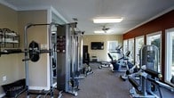 This fitness center is thoughtfully designed to accommodate a variety of workout needs within a single, open floor layout. The space features carpeted flooring throughout, contributing to a practical and comfortable exercise environment. Crown molding along the ceiling adds a subtle architectural detail, while a ceiling fan and fluorescent lighting ensure adequate airflow and visibility during workouts.

The strength training area includes a multi-functional cable machine and a rack of free weights, providing options for both resistance and functional training exercises. A wall-mounted flat-screen television is positioned for easy viewing, making cardio sessions more engaging. The cardio section is equipped with machines including an elliptical, a treadmill, and a stationary bike, catering to users with varying fitness preferences.

Neutral-toned walls are accented by a deep red feature wall, lending visual interest to the space. Natural light filters in through windows along one wall, offering outdoor views and a sense of openness. Large mirrors are strategically placed to enhance the perception of space and support proper form during exercise. Overall, the fitness center presents a functional and inviting atmosphere suited for everyday use.