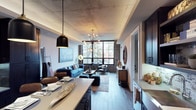 This Dallas loft showcases a compelling blend of industrial and modern design across a single, open-concept floor. Exposed concrete ceilings and original brick walls establish the space's raw, urban character, while warm hardwood flooring and curated furnishings soften the aesthetic for an inviting ambiance. The living area is anchored by a tufted blue sofa and complementary seating, bathed in natural light streaming through large, steel-framed windows that frame views of surrounding greenery. A sputnik-style chandelier adds a retro-contemporary focal point overhead. The kitchen flows seamlessly from the living space, featuring dark cabinetry, a generous countertop island with pendant lighting, and modern fixtures — ideal for both everyday living and entertaining. Rich layering of textures throughout — from woven rugs and decorative accents to warm wood tones — creates a cohesive and thoughtfully designed interior. The single-level layout ensures a fluid connection between all areas of the space, making it feel both spacious and functionally unified. This property exemplifies the hallmark loft-living experience found in urban Dallas.