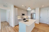 This 960-square-foot, single-story apartment at 5301 W Tyson Ave, Unit 481, Tampa, FL 33611 offers 2 bedrooms and 2 bathrooms with a clean, modern aesthetic. The open-concept kitchen and living area anchors the unit, showcasing gray shaker-style cabinetry, white quartz countertops, a large center island with an undermount sink and gold faucet, stainless steel appliances including a French door refrigerator and range with microwave, and a classic subway tile backsplash. Pendant lighting and light hardwood-style flooring carry throughout the space. Both bedrooms feature natural light through blinds-covered windows and ceiling fans. The primary bedroom spans 150 square feet and connects to a well-appointed en-suite bathroom with a dual-sink vanity, gold hardware, a mirrored medicine cabinet, and a full soaking tub with tiled surround. The second bathroom offers a similarly modern double vanity with white quartz countertops and gold accents. Each bedroom is accompanied by a dedicated walk-in closet, outfitted with built-in shelving and chrome hanging rods. Light-toned luxury vinyl plank flooring flows consistently throughout, enhancing the bright and cohesive atmosphere of this contemporary Tampa residence.