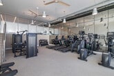 Located at 13900 Panay Way in Marina del Rey, California, this fitness center offers a spacious and thoughtfully designed workout environment spread across a single open floor. The room is bathed in natural light streaming through large, floor-to-ceiling glass windows and doors along one wall, providing views of the surrounding outdoor courtyard and palm tree-lined surroundings — a hallmark of the Southern California lifestyle.

The interior features a clean, modern aesthetic with neutral-toned carpeting, crisp white walls, and exposed industrial-style ductwork overhead that adds an urban edge to the otherwise polished space. Ceiling fans and pendant lighting contribute to both comfort and ambiance throughout the room.

The fitness center is comprehensively equipped for a full range of workouts. A dedicated cardio zone houses multiple treadmills, elliptical trainers, stair climbers, and stationary bikes. A strength training area includes a multi-function cable machine, adjustable benches, and a tiered dumbbell rack with a full weight selection. Floor-to-ceiling mirrored walls along one side of the room visually expand the space while allowing users to monitor their form. A modern staircase with a sleek cable-rail system leads to an upper level, and a framed artwork piece adds a refined, curated touch to the bright, open walls.