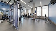 This fitness center offers a thoughtfully designed workout environment spread across a single level, providing ample space for a full range of exercise activities. The facility is divided into distinct training zones, each tailored to specific fitness goals. The cardio area features a row of treadmills and elliptical machines positioned along large windows that allow abundant natural light to fill the room, creating an open and energizing atmosphere. Overhead, sleek linear lighting and ceiling fans contribute to a comfortable training environment. The strength training section is anchored by a prominent functional training rig — outfitted with TRX suspension systems, pull-up bars, and cable attachments — flanked by a well-stocked dumbbell rack and medicine balls. Life Fitness and Strive-branded cable machines further expand resistance training options. A dedicated open area with wall-mounted exercise mats provides space for stretching, floor work, and functional movement. The flooring throughout is durable speckled rubber, suited for high-traffic athletic use. Accent walls in bold blue contrast with the neutral tones of the main training floor, lending the space a polished, modern aesthetic. A wall-mounted television and interior window overlooking an adjacent common area complete the facility.