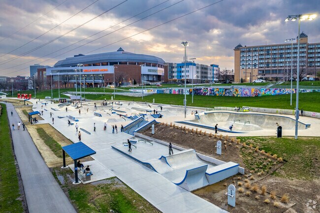 Skaters cruise across Lauridsen Skatepark in downtown Des Moines.