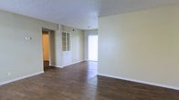 This single-story space features a open living area finished with rich, dark hardwood-style flooring that contrasts cleanly against the neutral beige walls and textured popcorn ceiling. Natural light enters through a large window dressed with vertical blinds, brightening the main living space and highlighting the warmth of the flooring throughout. A built-in shelving unit with glass-paned cabinet doors adds a functional and decorative element to the room, offering display or storage space while contributing a classic architectural detail. The layout flows openly, with a doorway leading further into the unit, suggesting a connected hallway and additional rooms beyond the main living area. White baseboards frame the perimeter of the room, providing a clean finish that complements the overall neutral color palette. The space maintains a simple, functional design with a cohesive aesthetic defined by its consistent flooring, understated wall tones, and practical built-in features, making it a versatile and welcoming environment suited to a range of furnishing styles and uses.