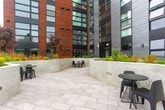 Located at 2650 Telegraph Ave in Berkeley, California, this generously proportioned outdoor terrace offers a thoughtfully designed open-air environment. The space is defined by its smooth, light-toned stone paver flooring, which extends across a broad, single-level footprint, creating a clean and contemporary aesthetic.

Curved and linear concrete planter walls form the defining architectural feature of the terrace, gracefully segmenting the space while supporting a rich variety of ornamental grasses, flowering shrubs, and upright trees including striking Japanese maples. These raised planters add both visual depth and natural texture, creating a lush green border that surrounds and softens the hardscape.

Multiple bistro-style seating areas are distributed throughout the terrace, each outfitted with round tables and modern black chairs, offering intimate spots for conversation or quiet enjoyment. The layout encourages both social interaction and personal retreat.

The adjacent building facade, clad in warm weathered Corten steel panels with large grid windows, provides a bold architectural backdrop that complements the terrace's contemporary design. Open sightlines extend outward toward a canopy of mature trees, offering pleasant views of the surrounding Berkeley landscape beneath an expansive open sky. The overall ambiance is calm, curated, and well-suited for outdoor gatherings or relaxed everyday use.
