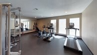 This fitness center is a comprehensively equipped exercise space designed to support a full range of workout routines. The main workout area features durable dark rubber flooring throughout, providing a practical and resilient surface suited for heavy equipment and high-activity use. Recessed lighting in the textured ceiling ensures consistent illumination across the space, complemented by several large windows along one wall that invite natural light and offer views of the surrounding exterior.

The cardio section is well-stocked with multiple treadmills, an elliptical trainer, and a stationary bike, all positioned to take advantage of the natural light. A multi-station cable weight machine occupies one corner, offering versatile strength-training options, while a dedicated free weights area includes a tiered dumbbell rack with a flat bench for targeted resistance exercises. Full-length wall mirrors span a large portion of one wall, visually expanding the space and allowing users to monitor their form during workouts. Wall-mounted medicine balls add an additional functional training option.

An entry corridor with a posted rules placard leads into the fitness area, with an adjoining room visible through a doorway, suggesting additional amenity space nearby. The overall environment is clean, functional, and purposefully designed for fitness use.