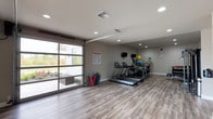 Located at 22495 East Clairmont Lane in Liberty Lake, Washington, this single-floor fitness center is a comprehensively outfitted facility designed to support a wide range of workout routines. The space features durable wood-look luxury vinyl plank flooring throughout, recessed lighting, and a neutral color palette that creates a clean, modern aesthetic.

The cardio zone is well-appointed with multiple treadmills and elliptical machines, each equipped with individual monitors for entertainment during workouts. A large glass-paneled garage door on one wall floods the space with natural light and provides outdoor views, while also offering the option for fresh-air ventilation. Yoga mats and exercise balls are conveniently stored nearby for stretching and flexibility work.

The strength training area includes a multi-functional cable machine, an adjustable weight bench, and a full dumbbell rack ranging across various weights. Wall-mounted medicine balls and a resistance accessory station round out the functional fitness offerings. A large wall mirror enhances the sense of space and allows for form-checking during exercises.

Additional organizational features include a storage cubby unit, wall-mounted hooks, and a wall-mounted television. The layout is open and spacious, allowing for comfortable movement between equipment zones, making this facility a thorough and practical resource for residents.