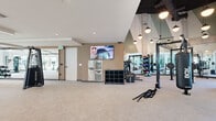 Located at 2990 Longwater Blvd in Kissimmee, FL, this contemporary fitness center offers a well-equipped, single-floor layout designed to support a full range of training disciplines. The space is generously sized, providing ample room for members to move freely between workout zones without feeling crowded.

Natural light pours in through expansive floor-to-ceiling glass walls and large windows, offering views of the surrounding outdoor areas, including lush landscaping and palm trees. The open, airy atmosphere is complemented by neutral-toned carpeted flooring and a clean, white ceiling fitted with linear recessed lighting.

The cardio zone features treadmills, stair climbers, stationary bikes, and elliptical machines, all positioned to take advantage of the natural light and outdoor views. The strength training area is well-stocked with a variety of cable and selectorized machines, adjustable benches, and a full dumbbell rack with mirrored walls. A dedicated functional training zone includes a heavy-duty rig with a suspended punching bag, battle ropes, and medicine balls for high-intensity workouts. A wall-mounted flat-screen TV, water fountain, and personal storage cubbies add practical convenience to the space. The overall ambiance is modern, clean, and motivating — reflecting a professional-grade fitness environment.