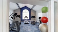 This fitness room is designed to support an active lifestyle within a compact, thoughtfully arranged space. The room's most distinctive architectural feature is its vaulted ceiling, which rises to a dramatic peak and is accentuated by a bold navy blue accent wall serving as a striking backdrop. At the center of this wall, an arched transom-style window allows natural light to filter in, adding brightness and an elegant visual element to the space.

The ceiling's angular lines are complemented by recessed lighting, ensuring the room remains well-lit throughout. Blue patterned carpeting covers the floor, adding a coordinated aesthetic while providing a softer surface underfoot. An additional window with white blinds on the side wall further enhances the natural light available.

The fitness equipment includes multiple treadmills positioned toward the front of the room, an elliptical or stair-climber machine on the left side, and a collection of stability and medicine balls in varying sizes stored along the right wall. Additional equipment and seating are visible toward the back, rounding out the functionality of this well-organized fitness space.
