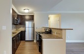 This single-floor residence offers a thoughtfully designed layout that balances comfort and functionality. The open-concept living area is anchored by warm hardwood-style flooring and flows seamlessly into the kitchen, which is outfitted with rich dark cabinetry, granite countertops, a tile backsplash, and a full suite of stainless steel appliances including a refrigerator, microwave, and range. A breakfast bar connects the kitchen to the living space, making it ideal for both everyday living and entertaining. Crown molding and recessed lighting add a refined touch throughout the common areas. The bedrooms feature plush carpeting and ample natural light; one standout bedroom showcases a dramatic vaulted ceiling paired with a striking arched window that fills the room with greenery views and abundant daylight. The two bathrooms are finished with light tile flooring, dark vanities topped with granite, and glass-enclosed showers — one featuring a tiled surround and the other a clean, minimalist design with a combination tub and shower. Neutral warm tones carried throughout the space create a cohesive and inviting ambiance from room to room.