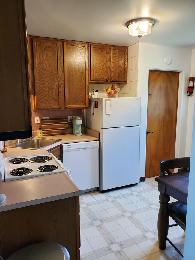 Kitchen, dishwasher new Nov 2021, and back door that leads to the backyard and basement - 554 N Main St