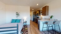 This single-level studio unit offers a thoughtfully organized open-plan layout that efficiently combines living, sleeping, and dining functions within a compact yet functional footprint. Warm-toned hardwood-style flooring runs continuously throughout the space, lending visual cohesion and a clean, modern aesthetic.

The kitchen is a standout feature, equipped with rich dark-walnut cabinetry, granite-look countertops, and a full suite of stainless steel appliances including a refrigerator, electric range, microwave, and dishwasher. A peninsula with seating for two serves as both a casual dining and workspace area, while open upper shelving adds both storage and visual interest.

The sleeping area is positioned to maximize natural light, benefiting from two large windows fitted with roller shades that frame views of surrounding treetops. A wall-mounted climate control unit ensures year-round comfort.

The bathroom features the same dark cabinetry as the kitchen, a white countertop vanity with under-sink storage, and a full shower with curtain enclosure. Wood-look flooring and clean white walls maintain a consistent, contemporary feel throughout the unit.

Recessed lighting and neutral white walls keep the overall atmosphere bright and versatile.