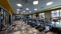 Located at 901 Nut St in Wilmington, NC, this single-floor fitness center offers a well-designed, comprehensive workout facility with a clean, contemporary aesthetic. The main workout floor is expansive and bathed in bright, even lighting from recessed panel fixtures set into a drop-tile ceiling. A bold yellow accent band runs along the upper perimeter walls, adding a dynamic visual element that complements the neutral gray tones throughout. Patterned multi-tone carpet tiles cover the main floor, providing both durability and a polished appearance. Large windows and glass door panels along exterior walls invite natural light and offer views of the surrounding outdoor areas. The main floor is equipped with a full row of cardio machines, including treadmills, ellipticals, and stationary bikes from brands such as True and Pier 3, as well as a variety of strength training machines, cable systems, and free weights. Functional training elements, including a tire and bench stations, round out the strength offerings. Floor-to-ceiling glass partitions separate a dedicated studio room, which features warm hardwood flooring, recessed lighting, and space for cycling and flexibility training. A clean entryway corridor provides access to restroom facilities and connects seamlessly to the main floor, completing this well-appointed fitness facility.