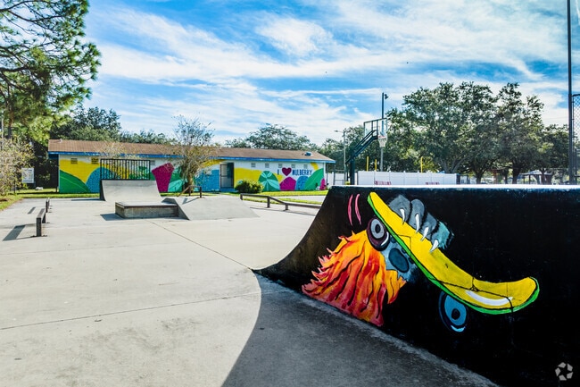 The ramps in the park all have colorful murals with the flare of skating.