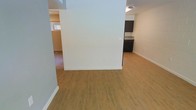 This single-floor space features a practical, open layout connected by warm, light wood-look flooring that runs throughout the interior. A prominent partial dividing wall serves as an architectural element, subtly separating the main living area from the adjacent spaces without fully enclosing them, maintaining a sense of openness and flow.

Visible beyond the dividing wall, the kitchen is equipped with dark cabinetry that contrasts cleanly against what appears to be stone or stone-look countertops, complemented by black appliances. Flush-mounted ceiling lighting provides functional illumination throughout. The kitchen area features concrete block or tile wall detailing, adding a subtle textural element to the space.

The living area benefits from natural light filtering in through a window visible in the background, brightening the neutral white walls. White baseboards run along the perimeter, providing a clean finish. The overall aesthetic is straightforward and functional, with an understated, neutral palette that allows flexibility in furnishing and décor.