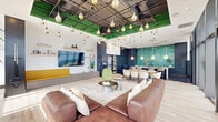 Located in Fort Lauderdale's dynamic urban core, this sophisticated amenity lounge delivers an upscale, multifunctional experience within a generously sized single-floor layout. Floor-to-ceiling windows and glass doors wrap the perimeter, flooding the space with abundant natural light while framing panoramic views of the surrounding cityscape and open sky. The design seamlessly blends leisure and social gathering zones within one open, flowing environment.

The lounge area anchors the space with a large, deep-seated leather sectional sofa, anchored by a plush area rug beneath a dramatic ceiling installation featuring cascading Edison-style pendant bulbs against a bold green-painted grid ceiling. An abstract line-art mural adds an artistic focal point, while tropical greenery throughout brings life and warmth to the interior.

Adjacent to the lounge, a regulation billiards table offers an entertainment centerpiece, complemented by a sleek yellow-cushioned bench and cue storage column. The dining and social area features a striking green marble countertop bar, paired with upholstered bar seating, alongside a natural wood communal dining table. Hexagonal tile flooring, navy accent walls, pendant globe lighting, and a wall-mounted display screen complete the refined yet playful aesthetic, with direct access to an outdoor terrace.