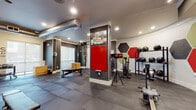 Located at 10051 Perimeter Pkwy in Charlotte, NC, the fitness center at Celsius Apartment Homes is a thoughtfully designed, single-floor workout facility built to support a wide range of training styles. The space features durable rubber interlocking floor tiles throughout, providing a stable and impact-absorbing surface ideal for high-intensity exercise. Exposed ductwork along the ceiling adds an industrial aesthetic, complemented by recessed lighting that keeps the space well-illuminated.

The functional training zone is equipped with gymnastic rings, TRX suspension straps, and a pull-up rig, alongside plyo boxes and a flat adjustable bench. A dedicated Rogue power rack with an Olympic barbell and an extensive plate storage system anchors the strength training area, set against a striking textured wood-grain accent wall. Cardio options include air assault bikes and a rowing machine, while a full rack of medicine balls and kettlebells supports conditioning work. Hexagonal acoustic panels in red, green, and charcoal decorate the curved accent wall, adding visual interest and sound absorption. Large-scale athletic photography murals further energize the space. A digital workout timer and a "Celsius WOD Challenge" display board keep members motivated and engaged throughout their sessions.
