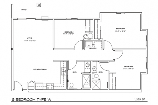 Plano de planta 3HAB/3BA - 55th Ave on the South Hill Apartments